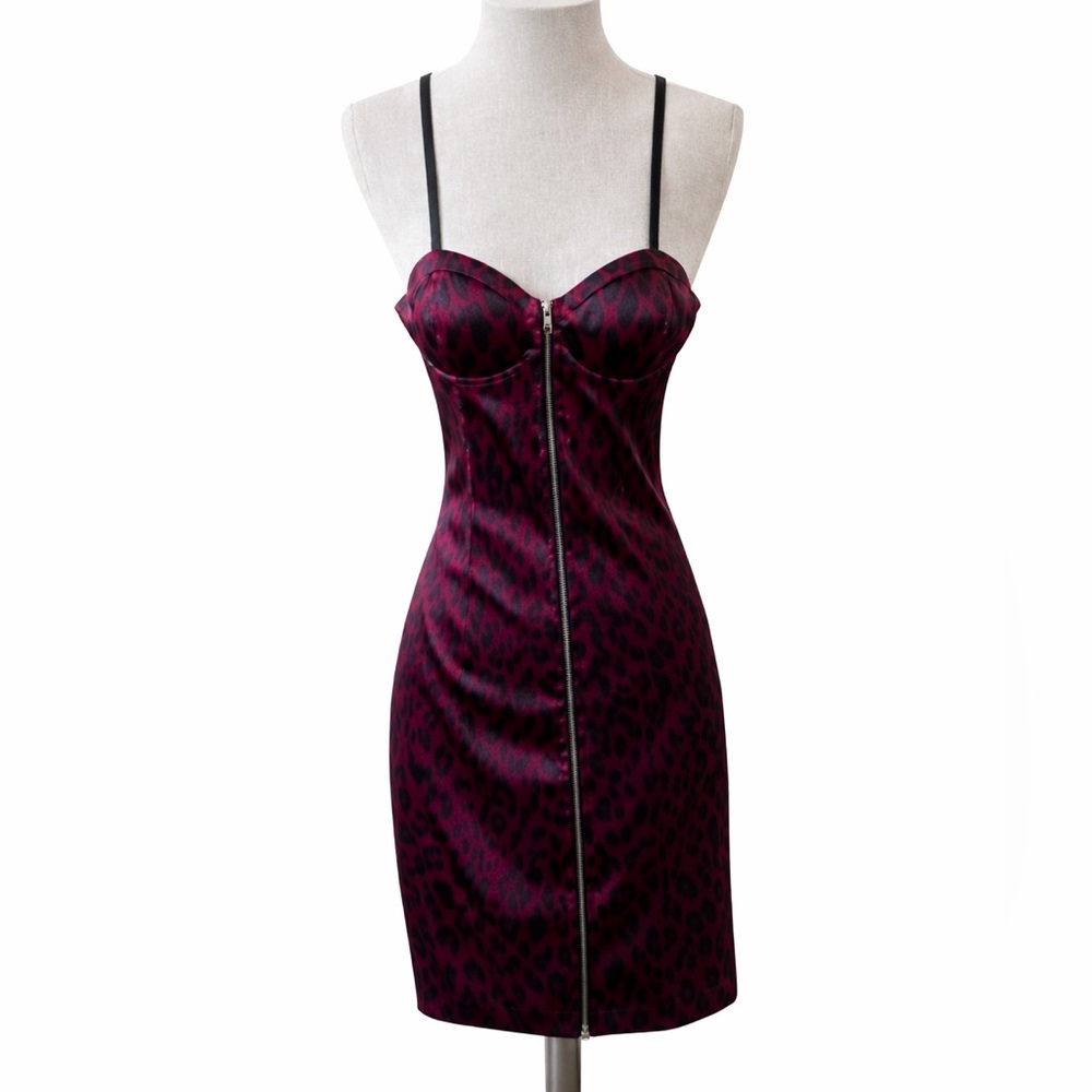 Guess Pink Black Leopard Print Bodycon Mini Dress Zip Front Strappy Size 9